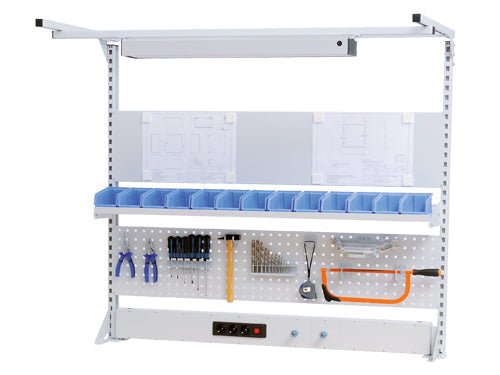 Bedrunka+Hirth Multi-Wand-Aufbau workline Breite 1500 mit Obergestell, 1x Energiekanal , 1x Lochwand, 1x Magnetwand, 1x Fachboden