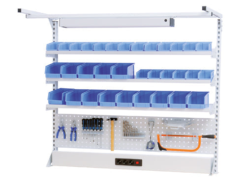 Bedrunka+Hirth Multi-Wand-Aufbau workline Breite 1500 mit Obergestell, 1x Energiekanal , 1x Lochwand, 3x Fachboden