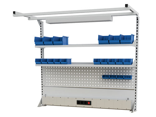 Bedrunka+Hirth Multi-Wand-Aufbau Breite 1500 mit Obergestell, 1x Energiekanal, 1x Lochwand, 1x Magnetwand, 2x Fachboden