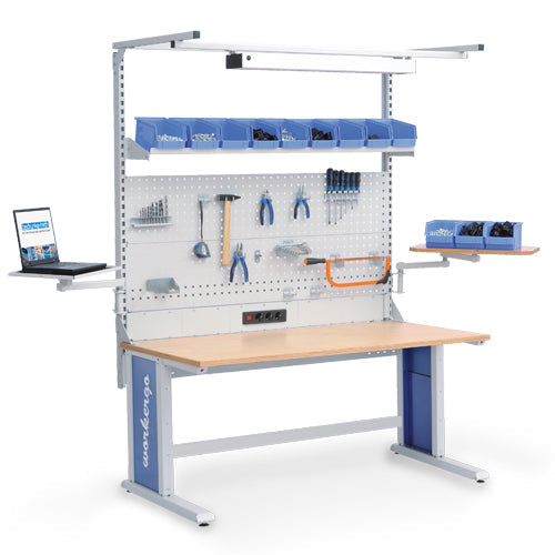 Bedrunka+Hirth Multi-Wand-Aufbau workergo Breite 1500 mit Obergestell , 1x Energiekanal, 2x Lochplatte, 1x Fachboden, 2x Schwenkarm