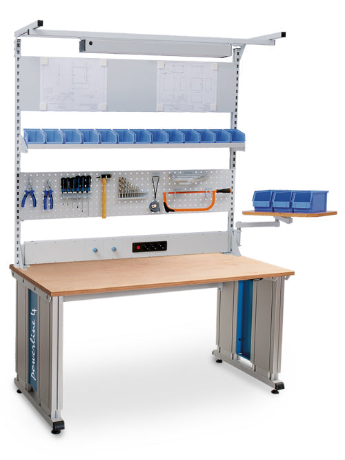 Bedrunka+Hirth Powerline 4 Grundgestellkombination, Tiefe 900, elektrische Höhenverstellung, 1x Energiekanal, 1x Loch- und Magnetwand, 1x Fachboden, 1x Schwenkarm