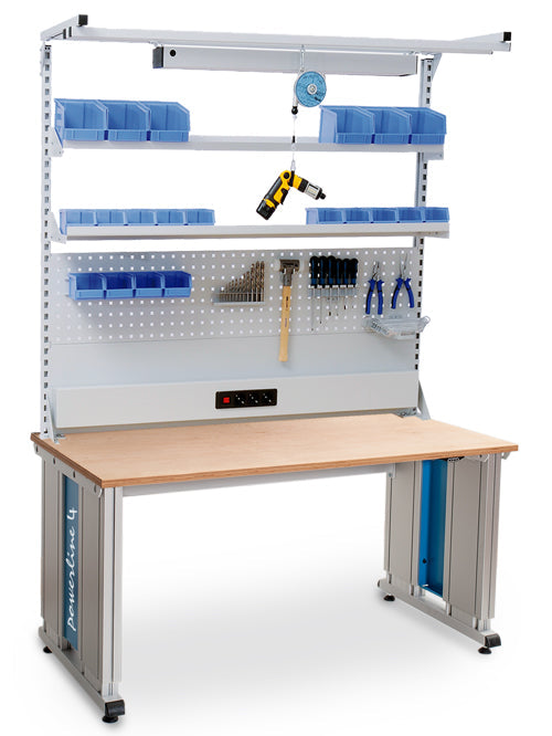Bedrunka+Hirth Powerline 4 Grundgestellkombination, Tiefe 900, elektrische Höhenverstellung, 1x Energiekanal, 1x Loch- und Magnetwand, 2x Fachboden